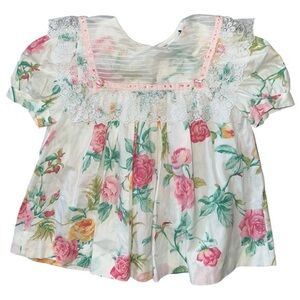 Thomas Vintage Girls Size 24 Months White Pink Floral Lace Neckline A-Line Dress